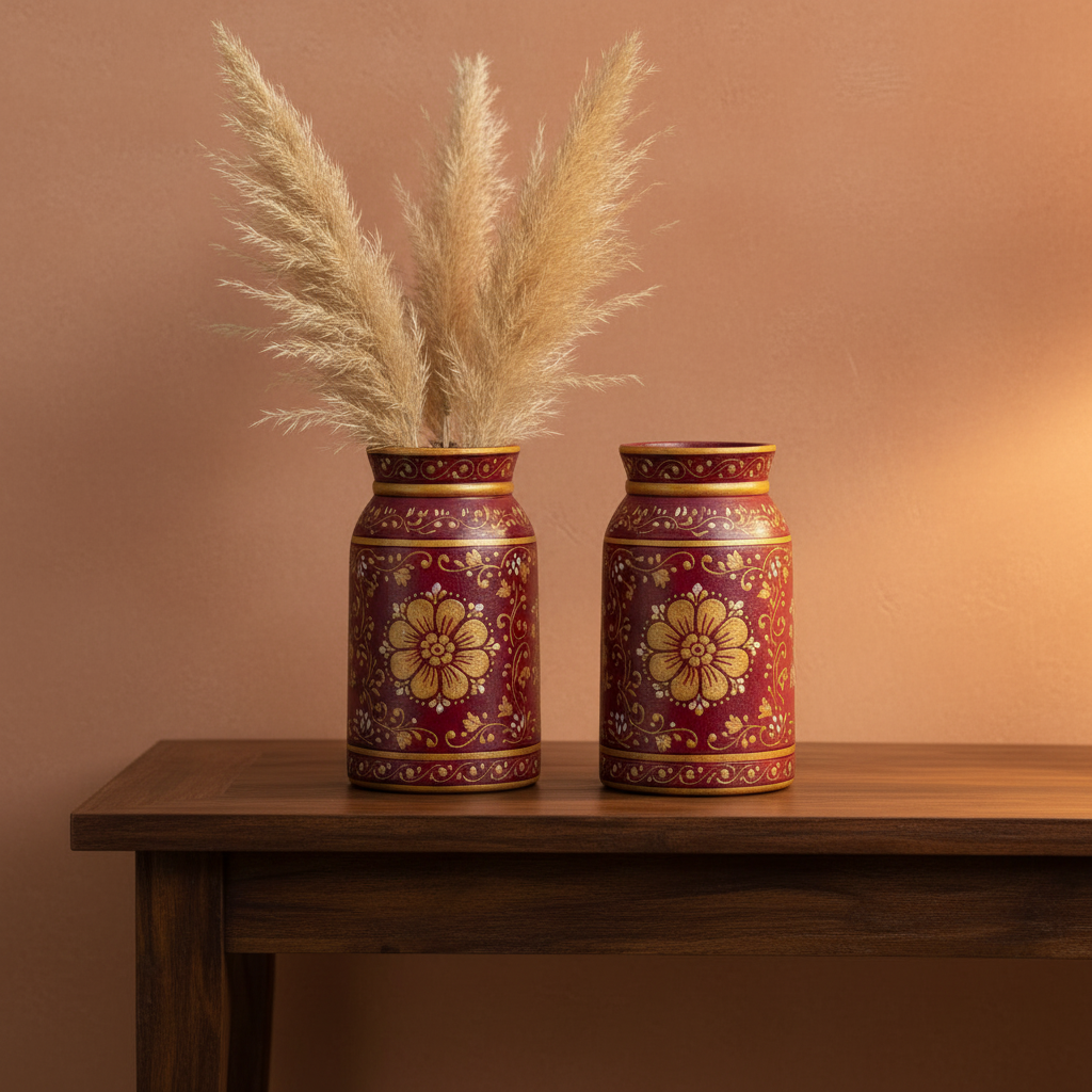 Pair of burgundy Rajasthani milk pot vases on dark wood console against terracotta wall