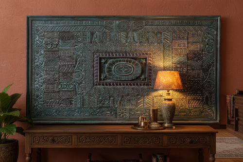 Teal carved wall panel – Rajasthani dining room hung above sideboard with amber lamp light