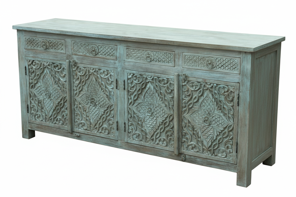 Hand-carved sage teal sideboard – elevated three-quarter white background