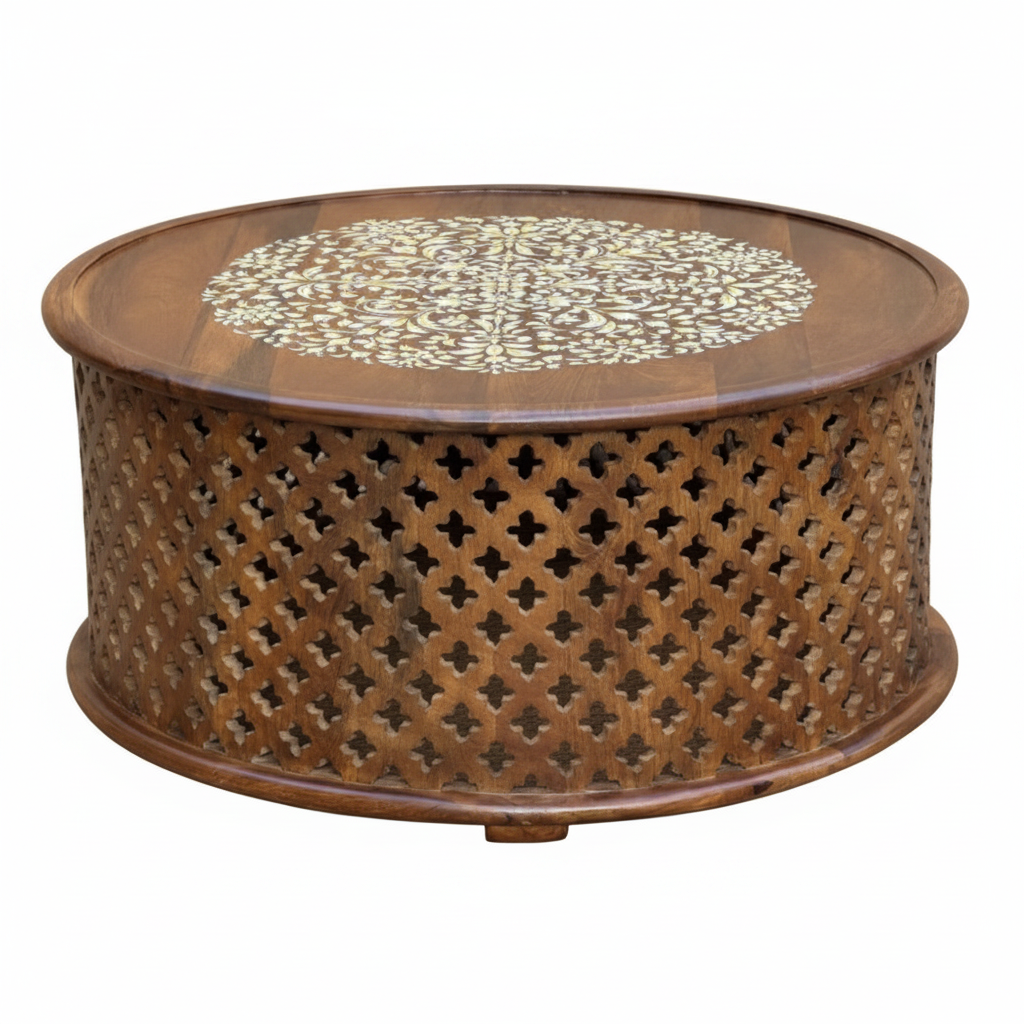Bone inlay drum coffee table – 45-degree angle white background