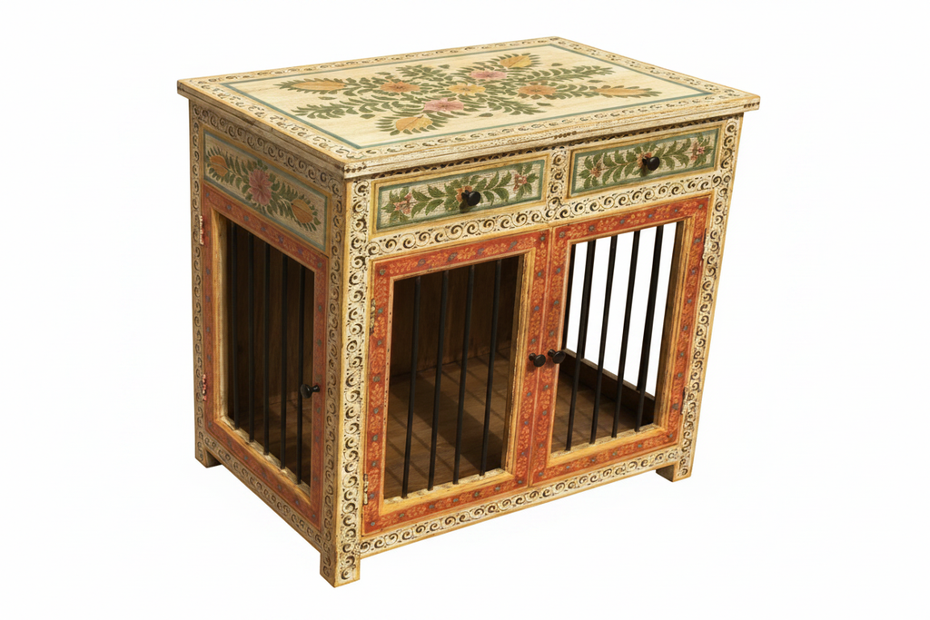 Ivory vine Rajasthani dog kennel elevated three-quarter showing peony bouquet top on white background