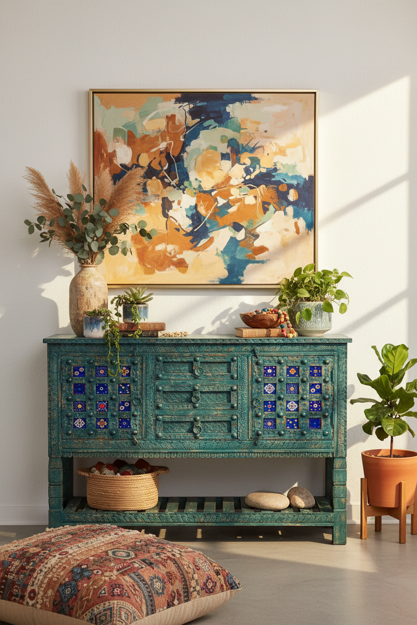 Hand-carved deep teal sideboard – styled in bright bohemian living room