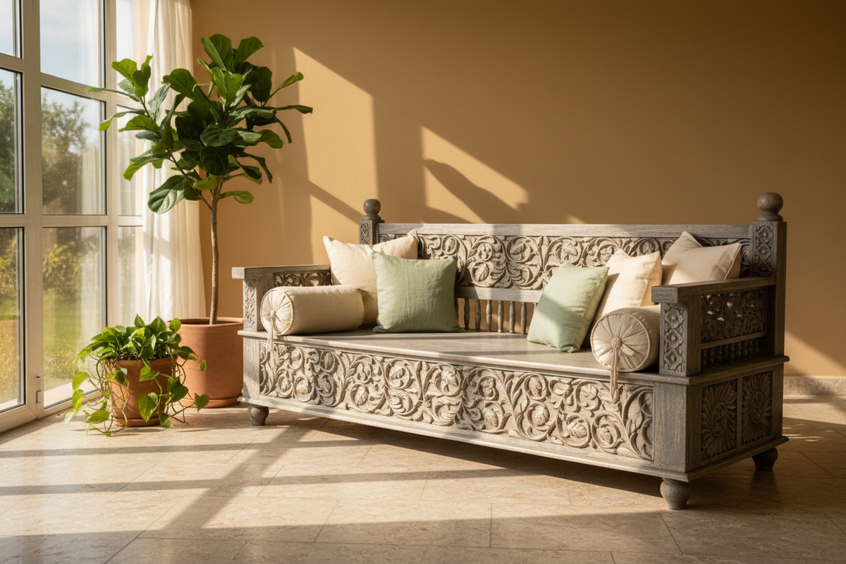 Rajasthani daybed bench – terrace with linen cushions
