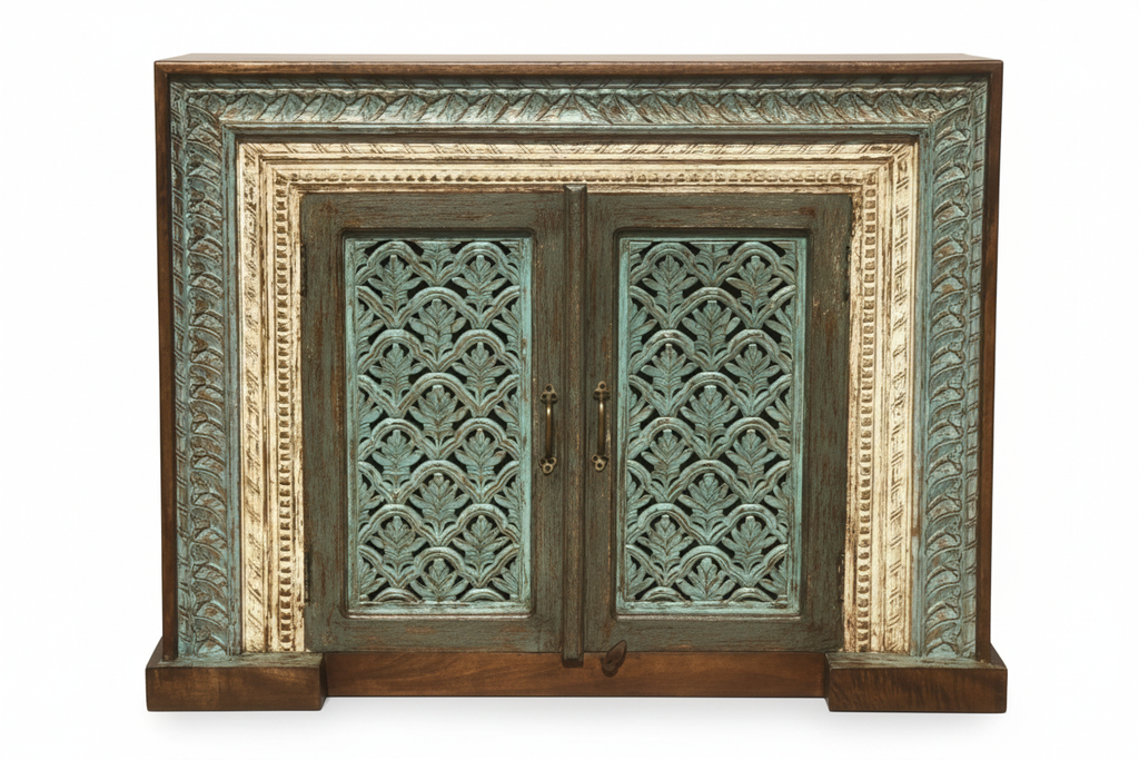 Hand-carved teal sideboard cabinet – front view white background