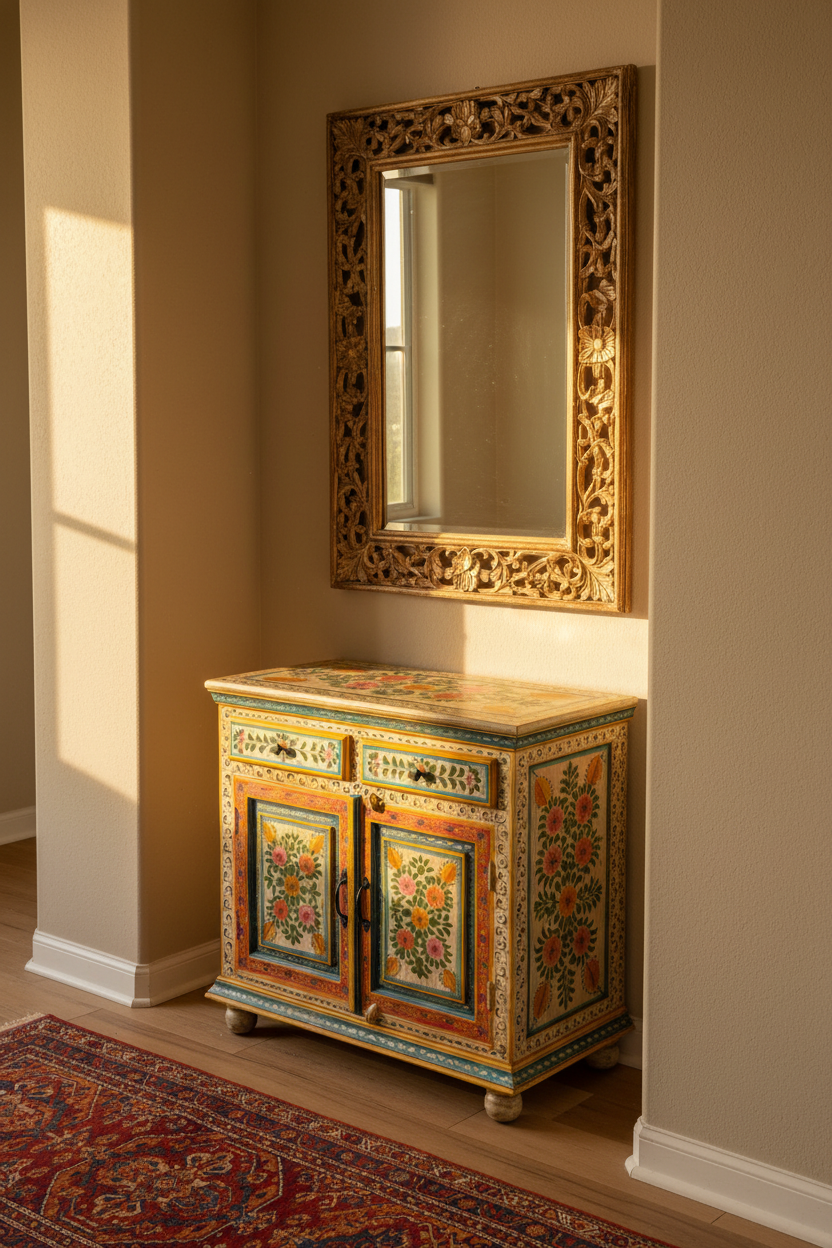 Hand-painted Rajasthani cabinet – top corner view in hallway setting