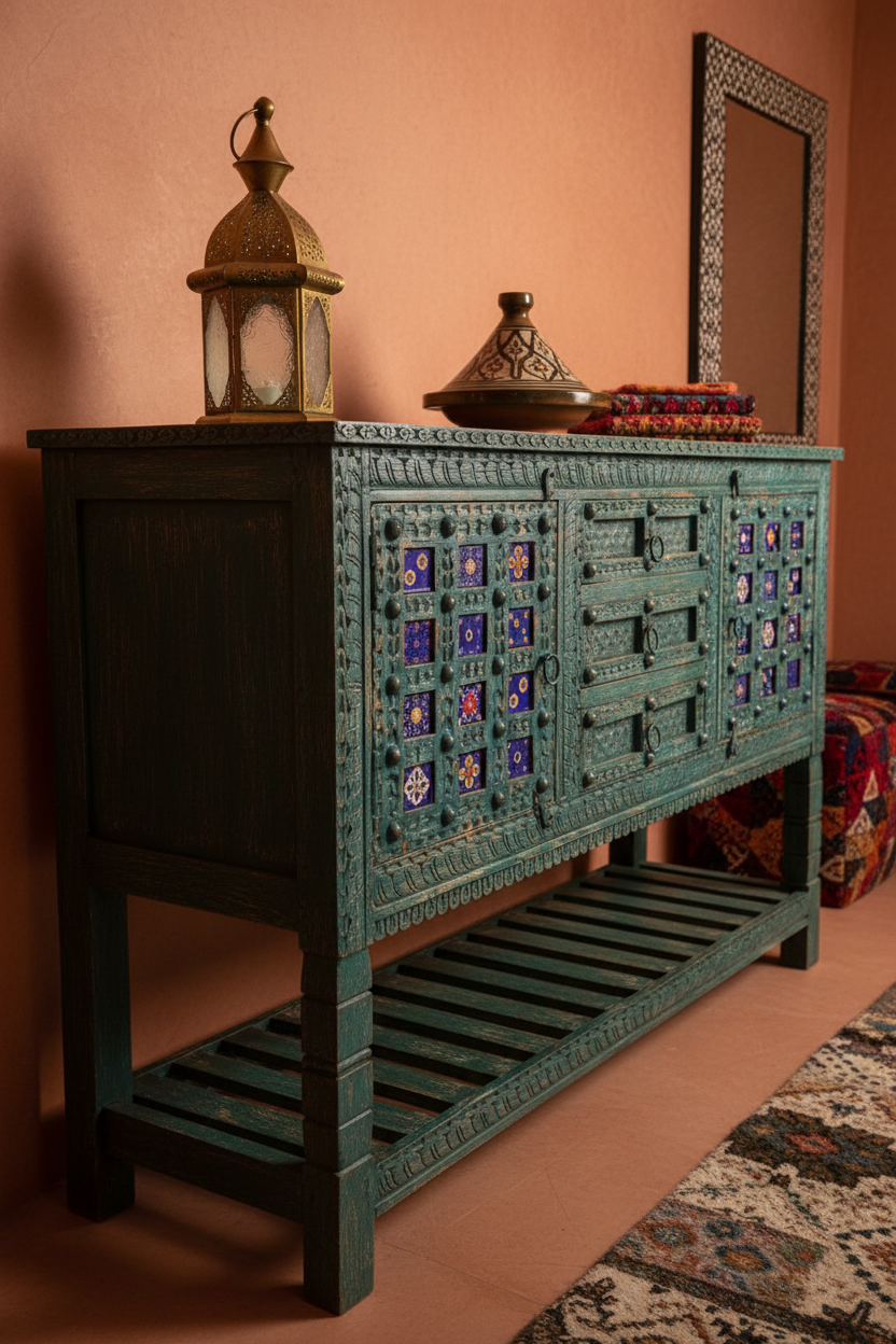 Hand-carved deep teal sideboard – left angle in Moroccan-inspired room