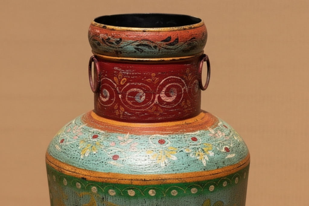 Close-up of terracotta neck collar with embossed vine and iron ring handles, gold shoulder banding and floral bouquet top