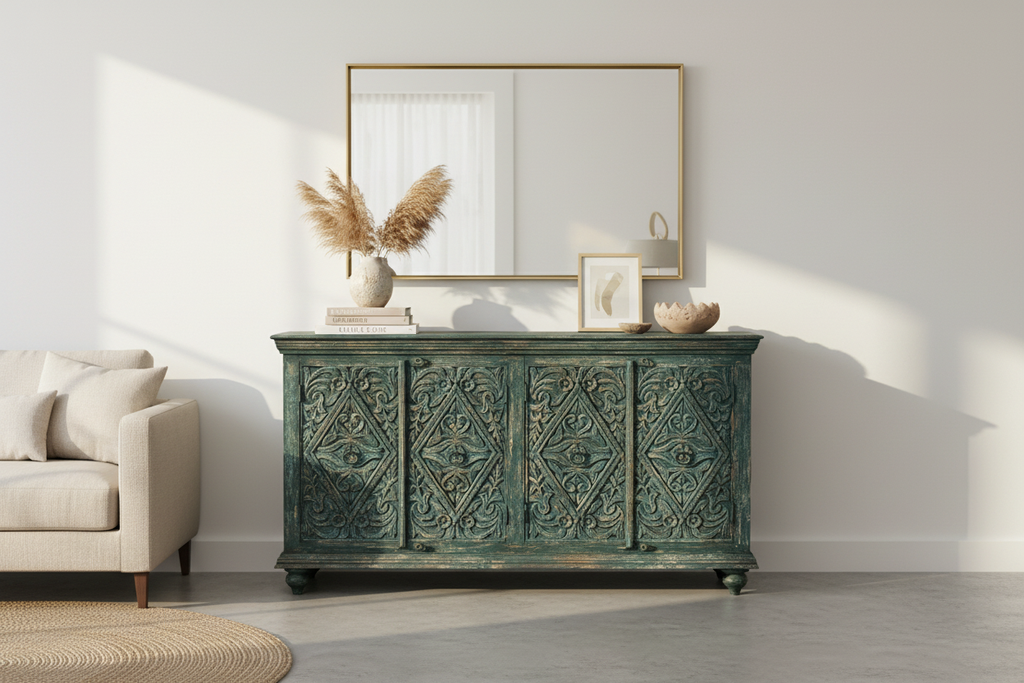 Hand-carved teal diamond sideboard – styled in bright airy living room