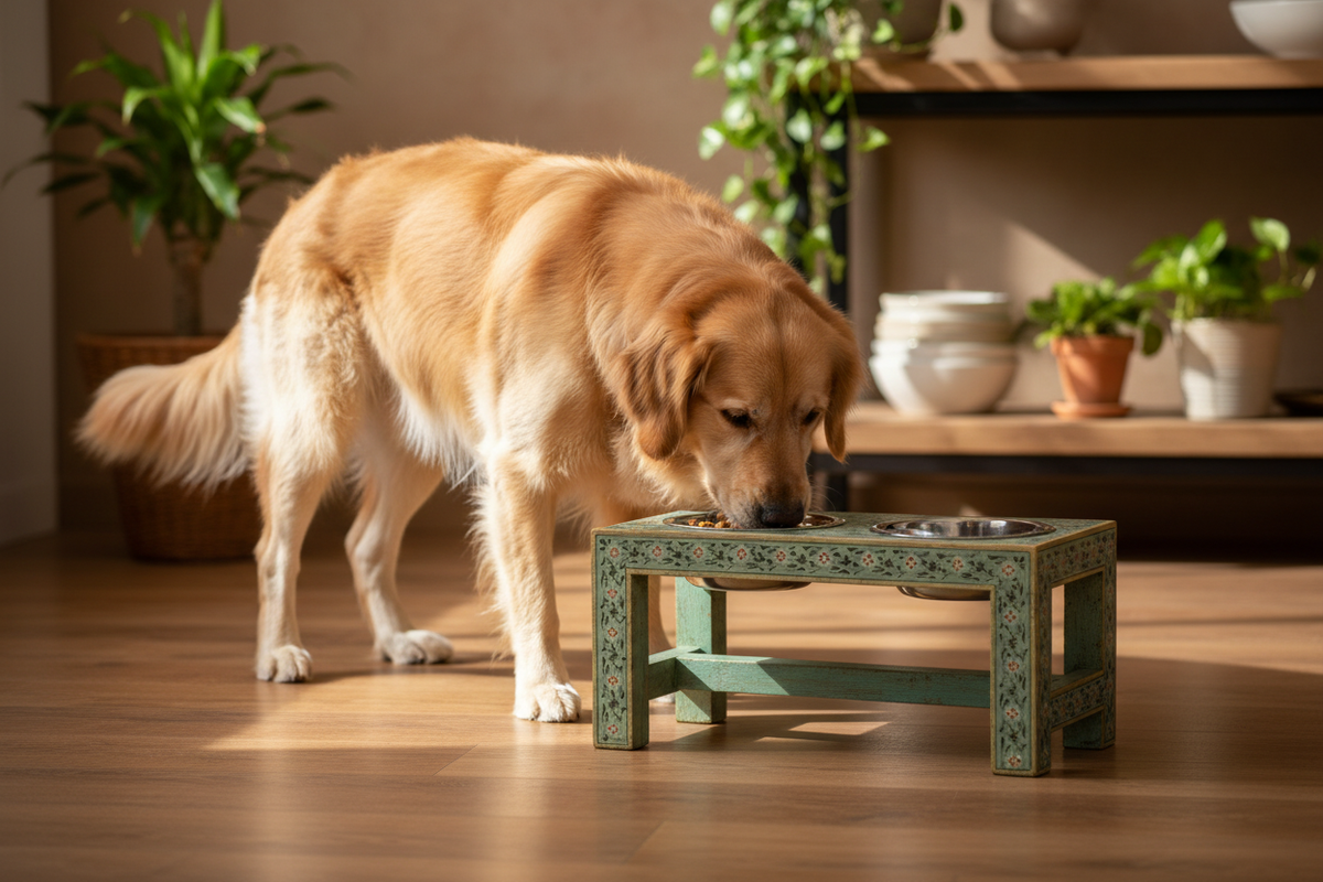 Sage green Rajasthani dog bowl stand with dog eating, warm timber kitchen