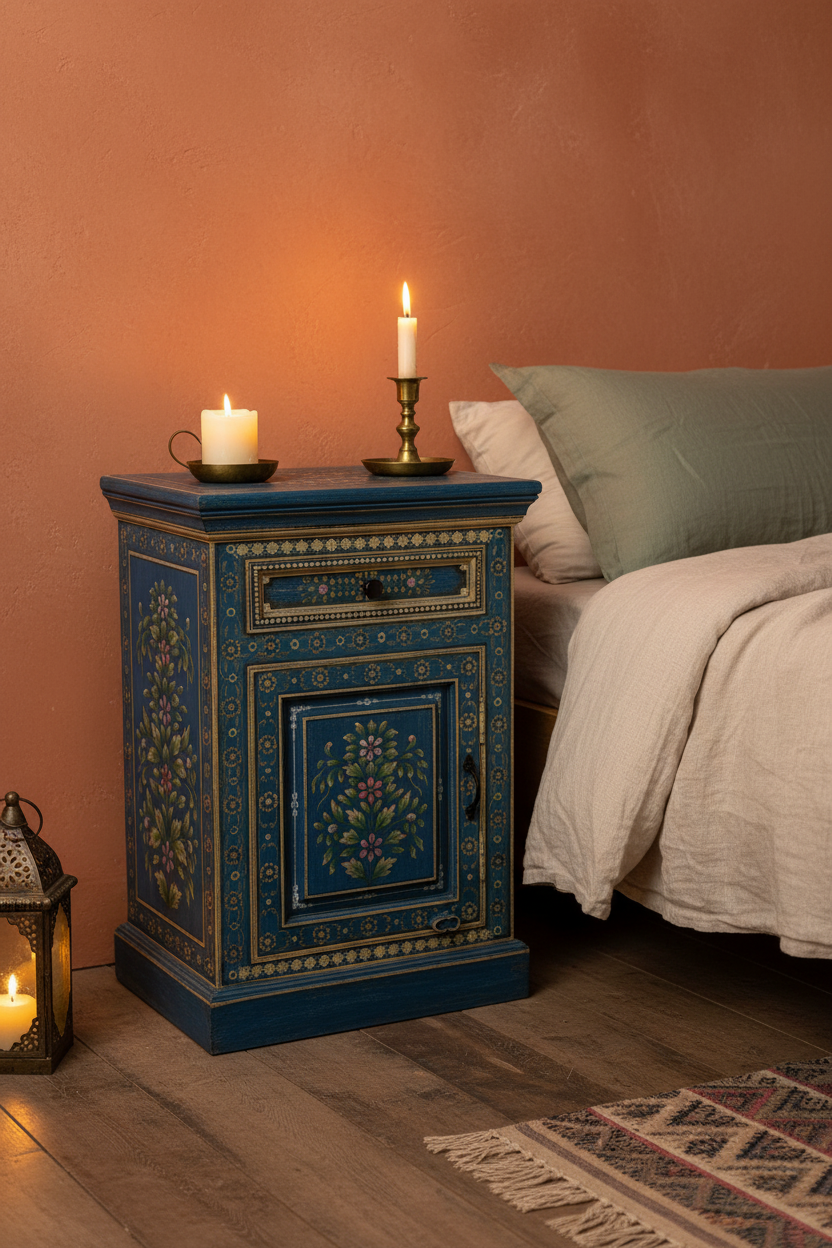 Single hand-painted Rajasthani cobalt blue bedside table – left angle on bedside