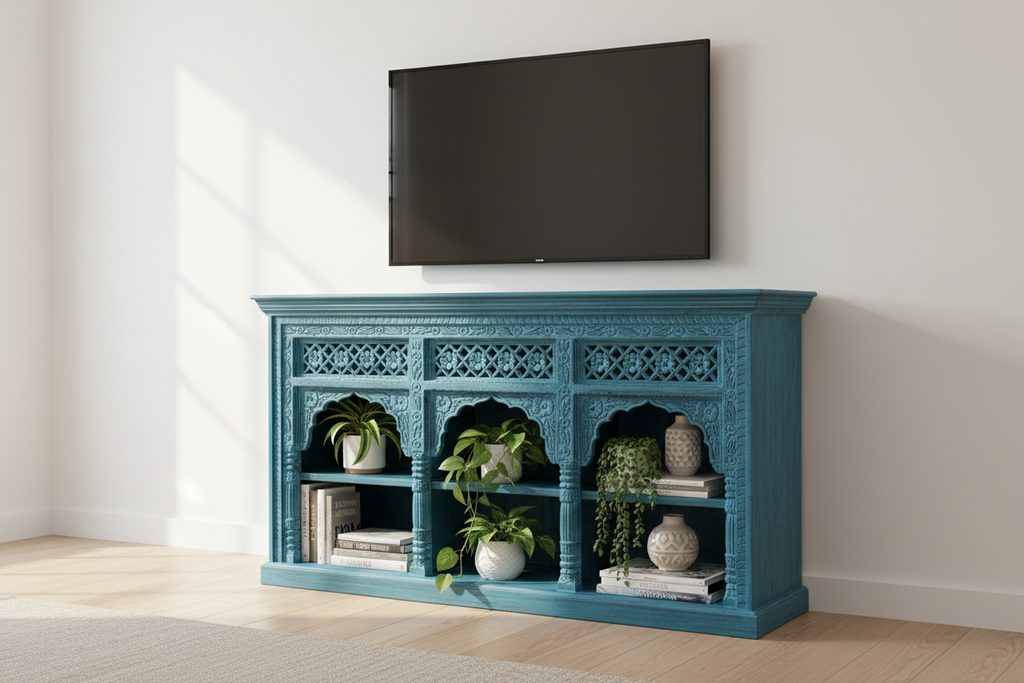 Hand-carved cobalt blue triple arch media console – styled as TV unit in contemporary living room