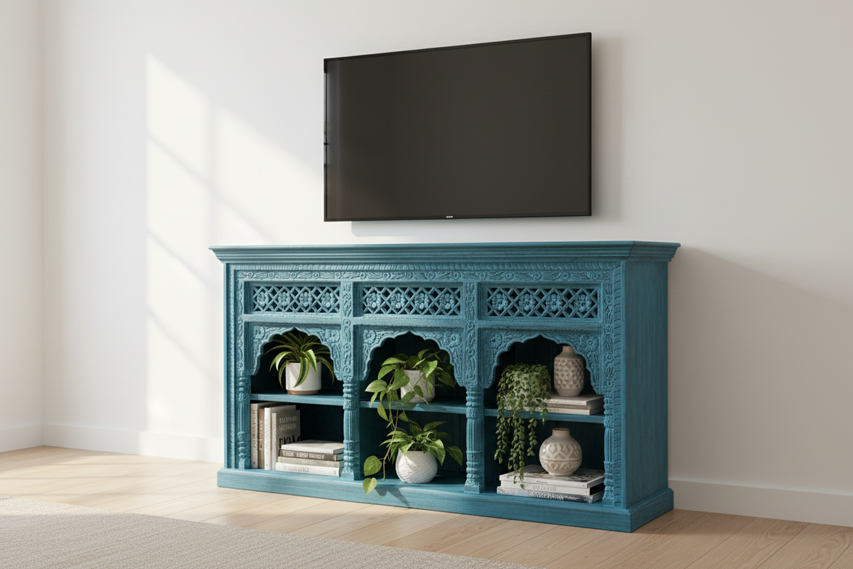 Hand-carved cobalt blue triple arch media console – styled as TV unit in contemporary living room
