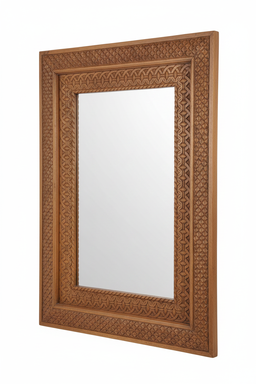 Natural mango wood petal scale mirror – angled view white background