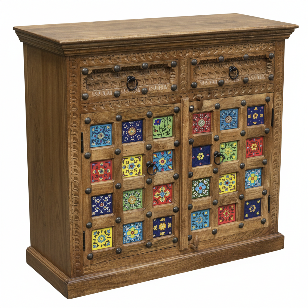 Blue Pottery tile sideboard – elevated three-quarter white background