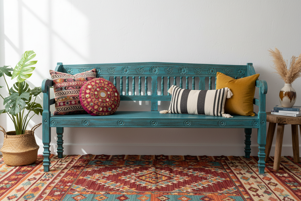 Hand-carved turquoise mango wood bench – styled with cushions in bohemian living room
