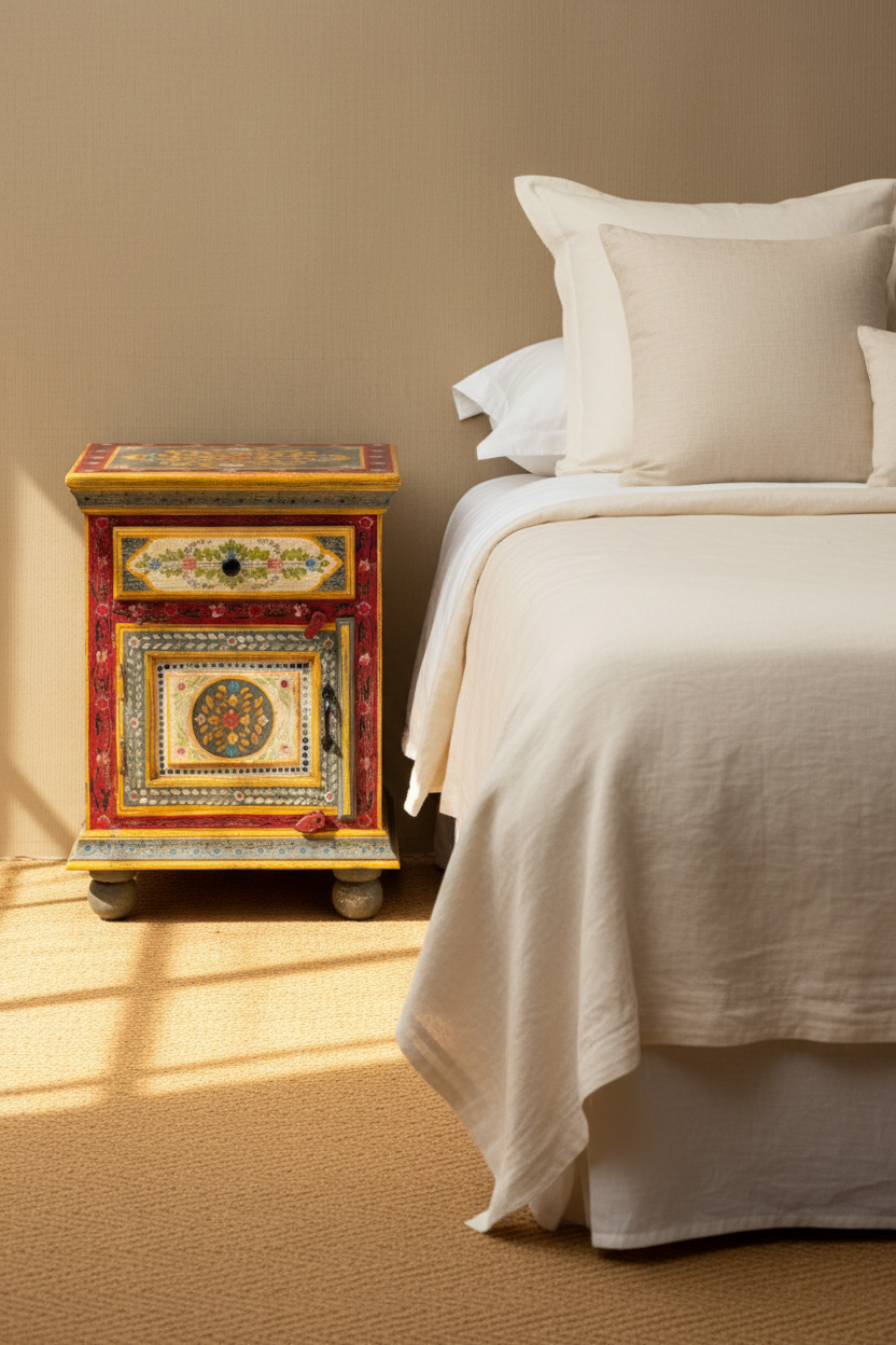 Pair of hand-painted Rajasthani crimson and gold bedside tables – front hero in elegant bedroom