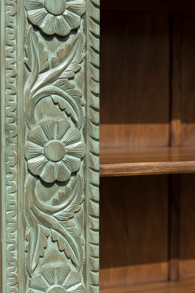 Close-up split detail: carved rosette medallion in teal floral vine frame column and two-tone contrast with natural walnut shelf