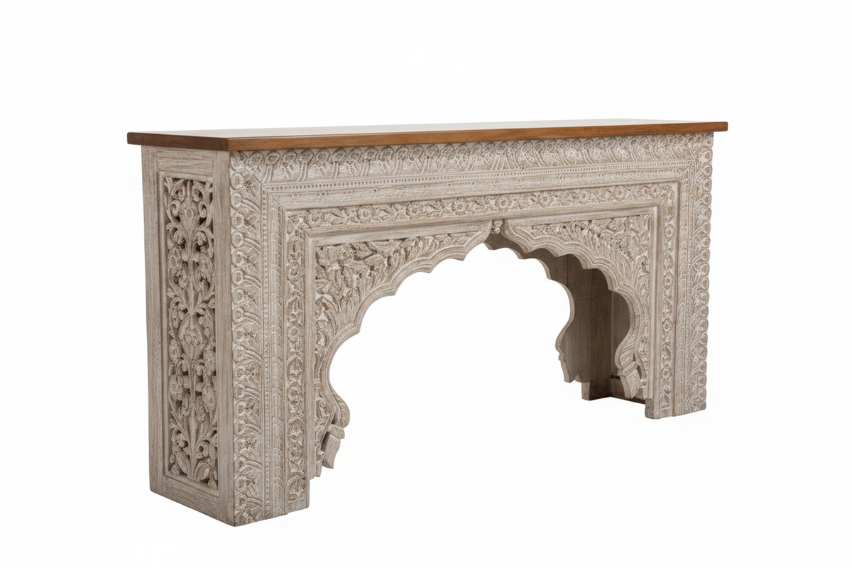 Hand-carved whitewash Mughal arch console table – left angle white background