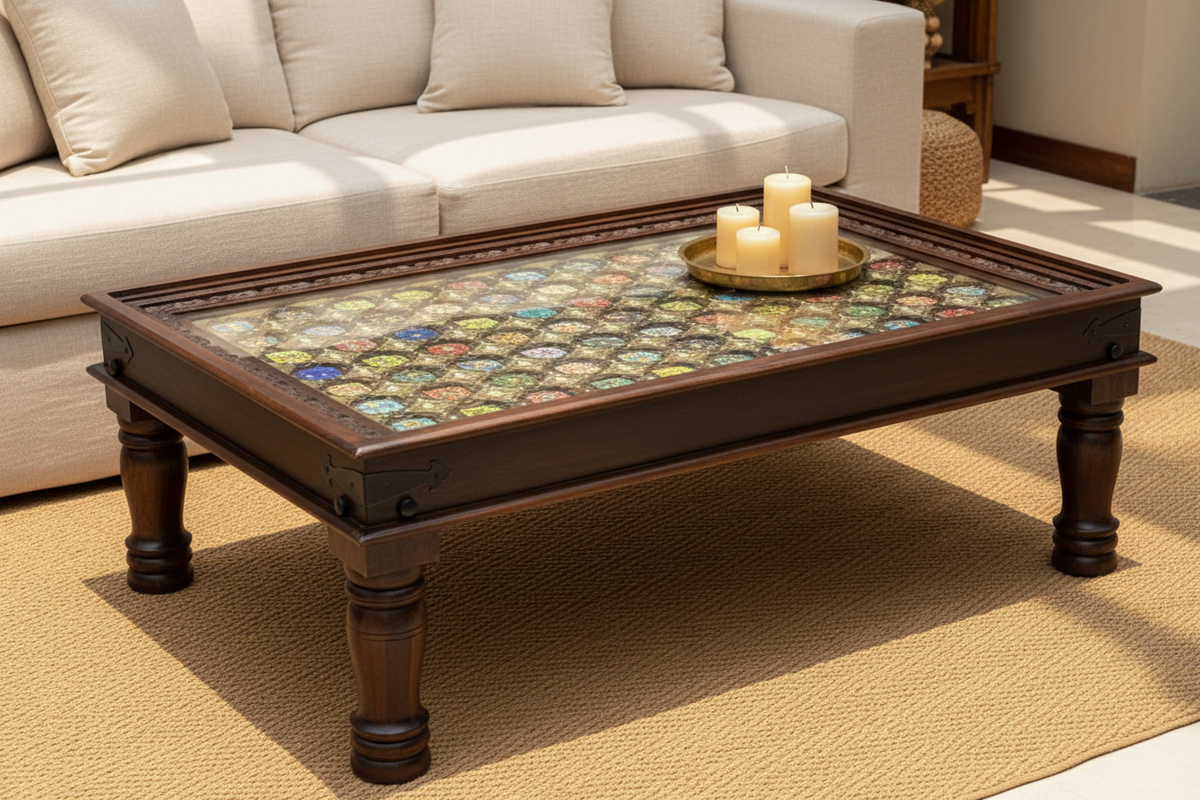 Jharokha coffee table – hero as centrepiece in bohemian living room with linen sofa