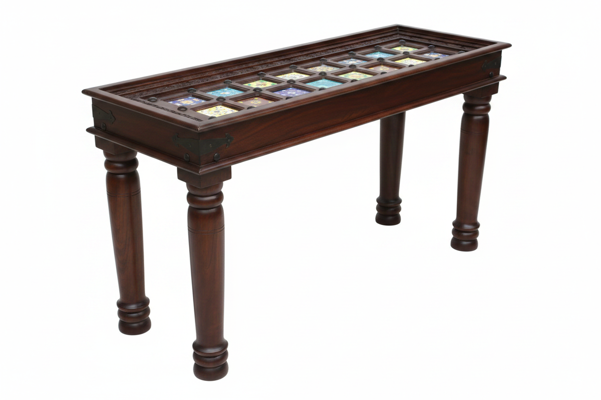 Blue Pottery console table – elevated three-quarter white background