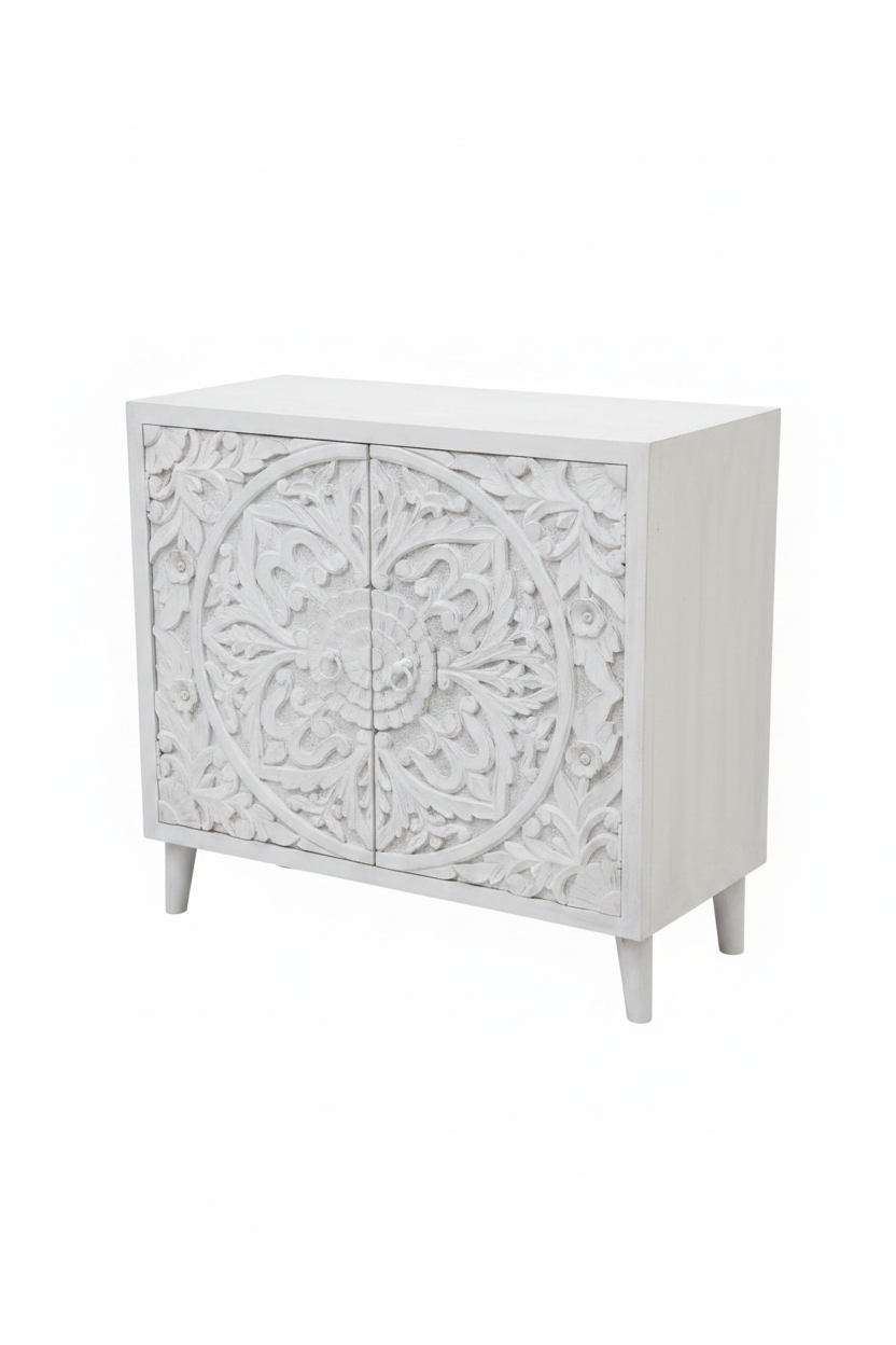Hand-carved all-white medallion cabinet – elevated three-quarter white background