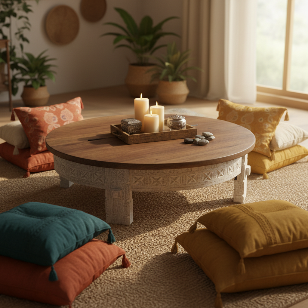 Chowki low table – hero in bohemian living room with floor cushions and tray