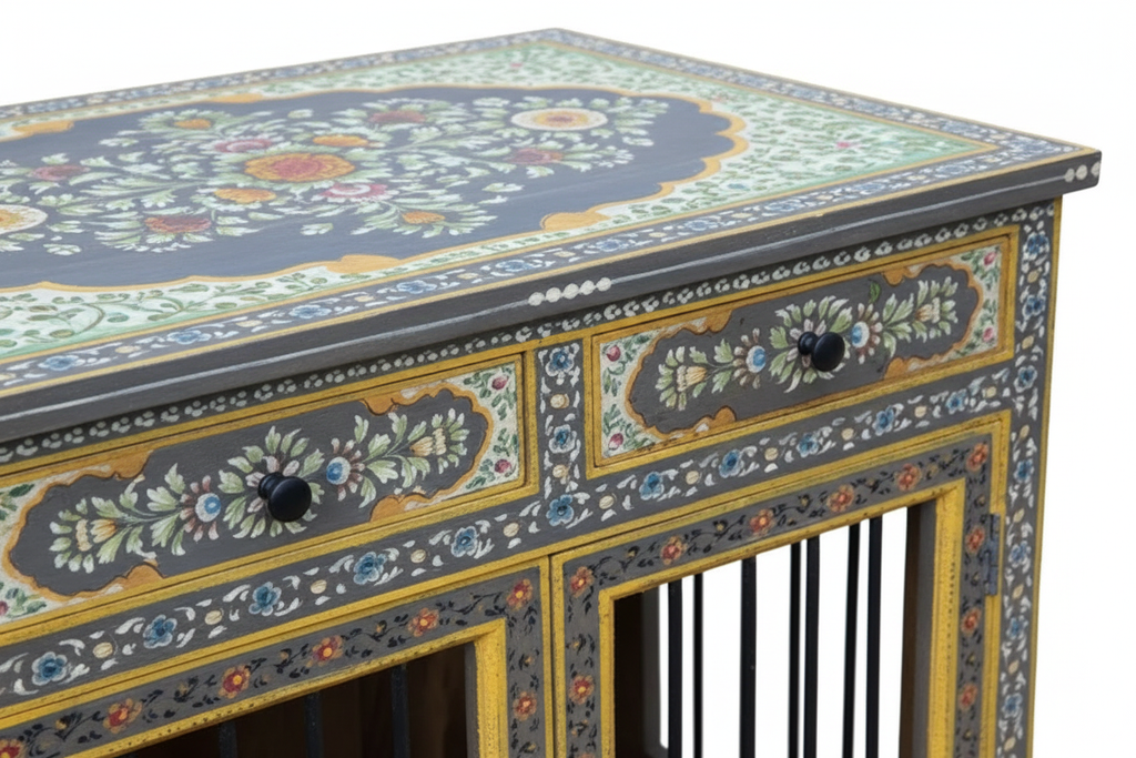 Rajasthani painted dog kennel showing top medallion and drawer front detail on white background
