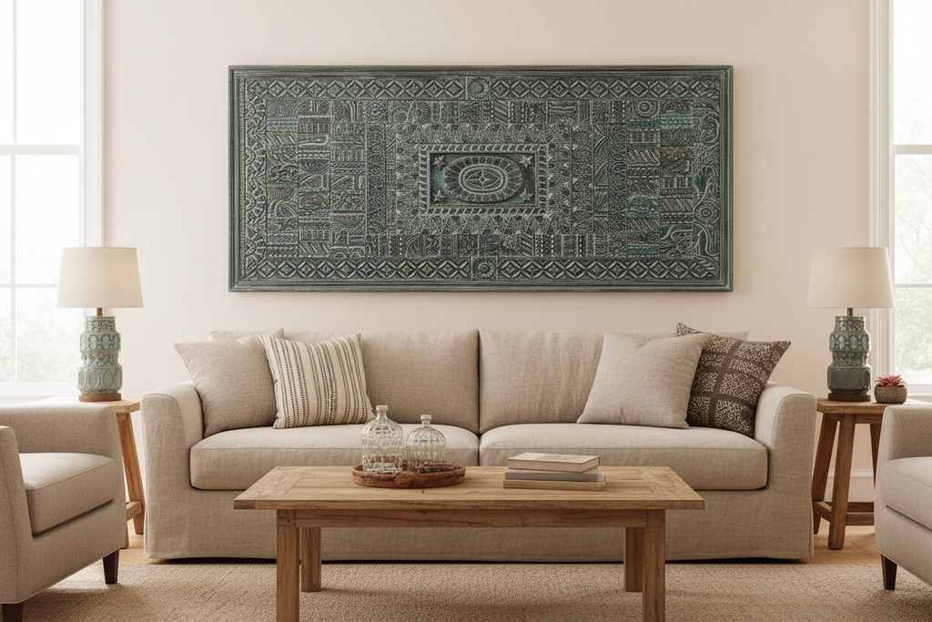 Geometric teal wall panel – hero hung above linen sofa in warm eclectic living room