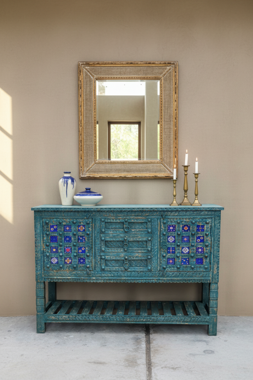 Hand-carved deep teal sideboard with tile inlays and iron ring pulls – front hero in dining room