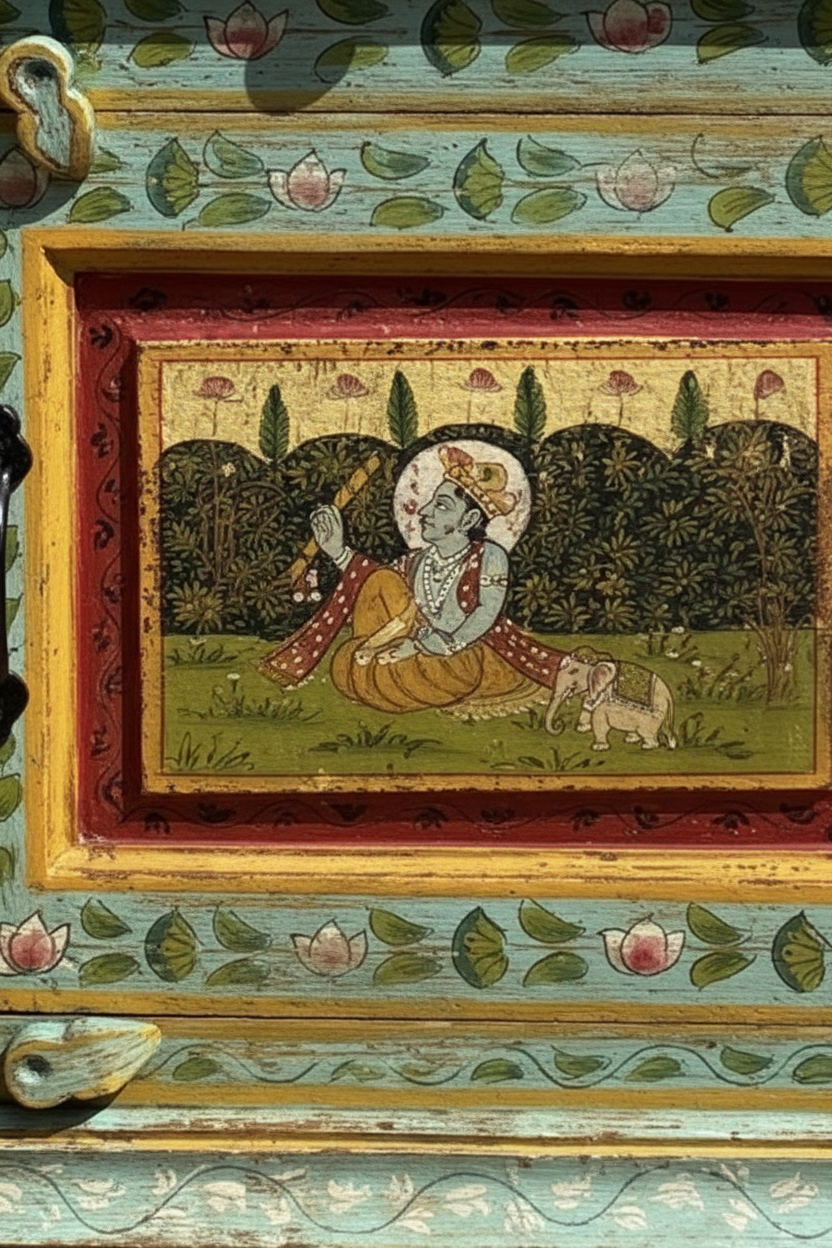 Close-up of Mughal miniature court figure with elephant door panel framed in red and yellow border
