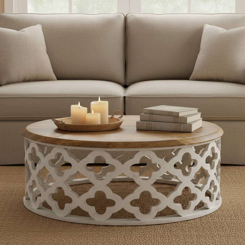 Moroccan drum coffee table – hero in bohemian living room with jute rug