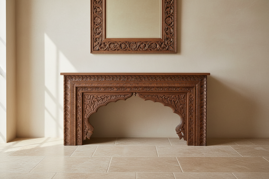 Hand-carved Mughal arch console table – front hero in warm elegant entryway