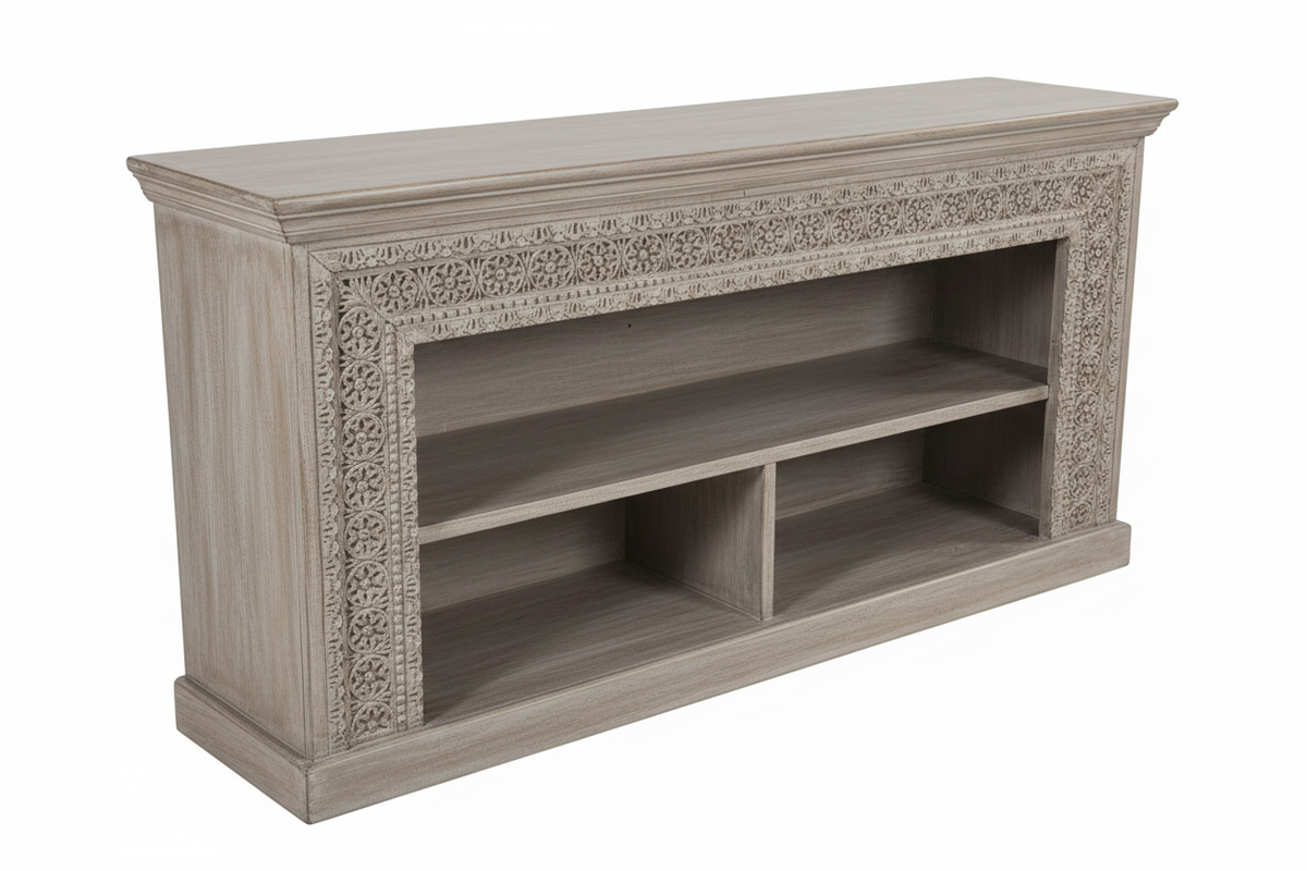Hand-carved grey whitewash open bookcase console – left angle white background