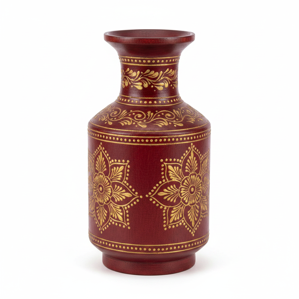 Crimson Rajasthani milk pot vase – three-quarter view white background