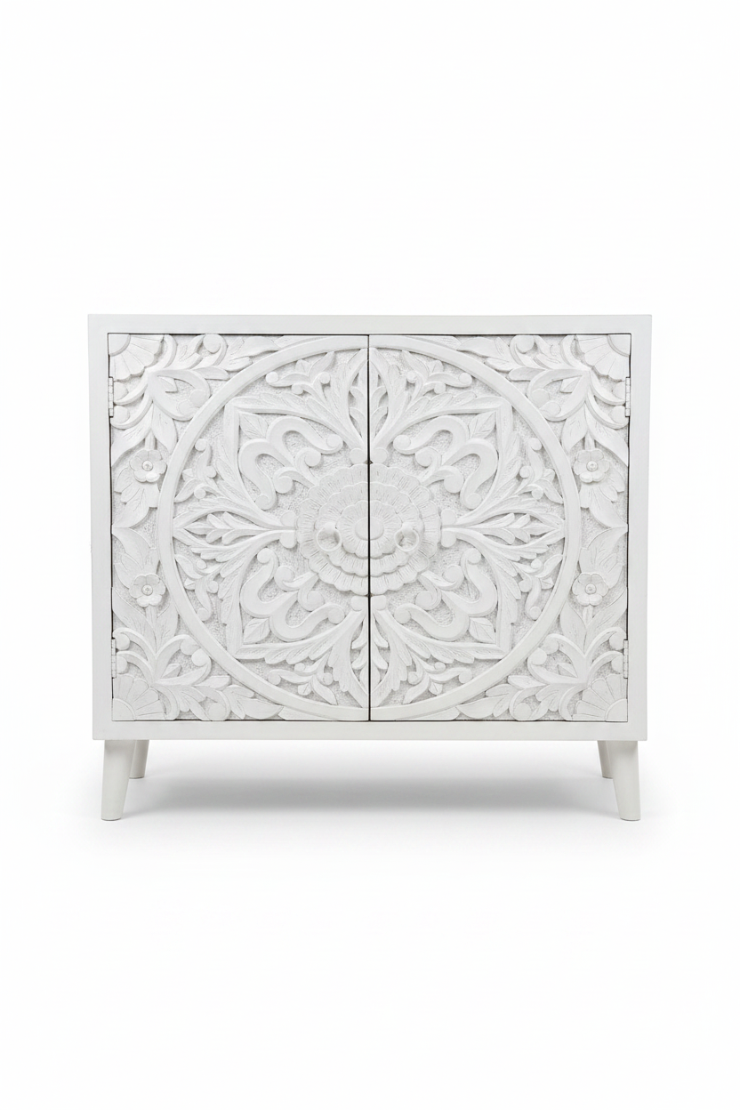 Hand-carved all-white medallion cabinet – front view white background