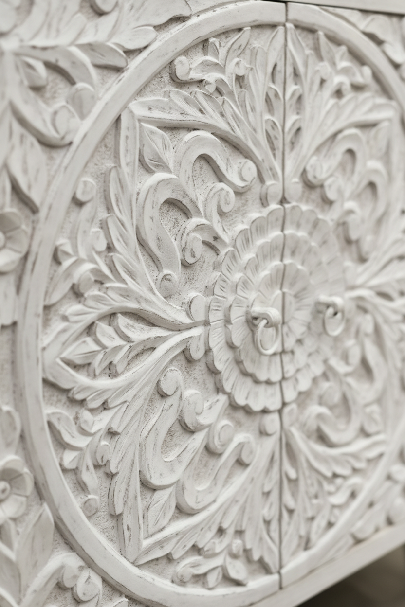 Close-up of hand-carved circular floral medallion on all-white mango wood cabinet