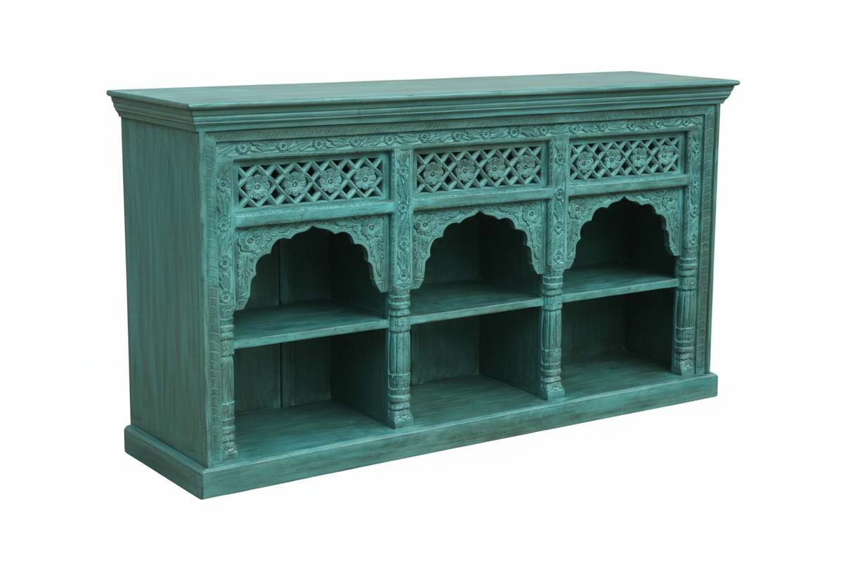 Hand-carved turquoise triple arch media console – elevated three-quarter white background
