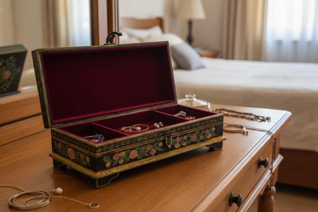 Black and gold medallion floral keepsake box open on warm timber dressing table with jewellery