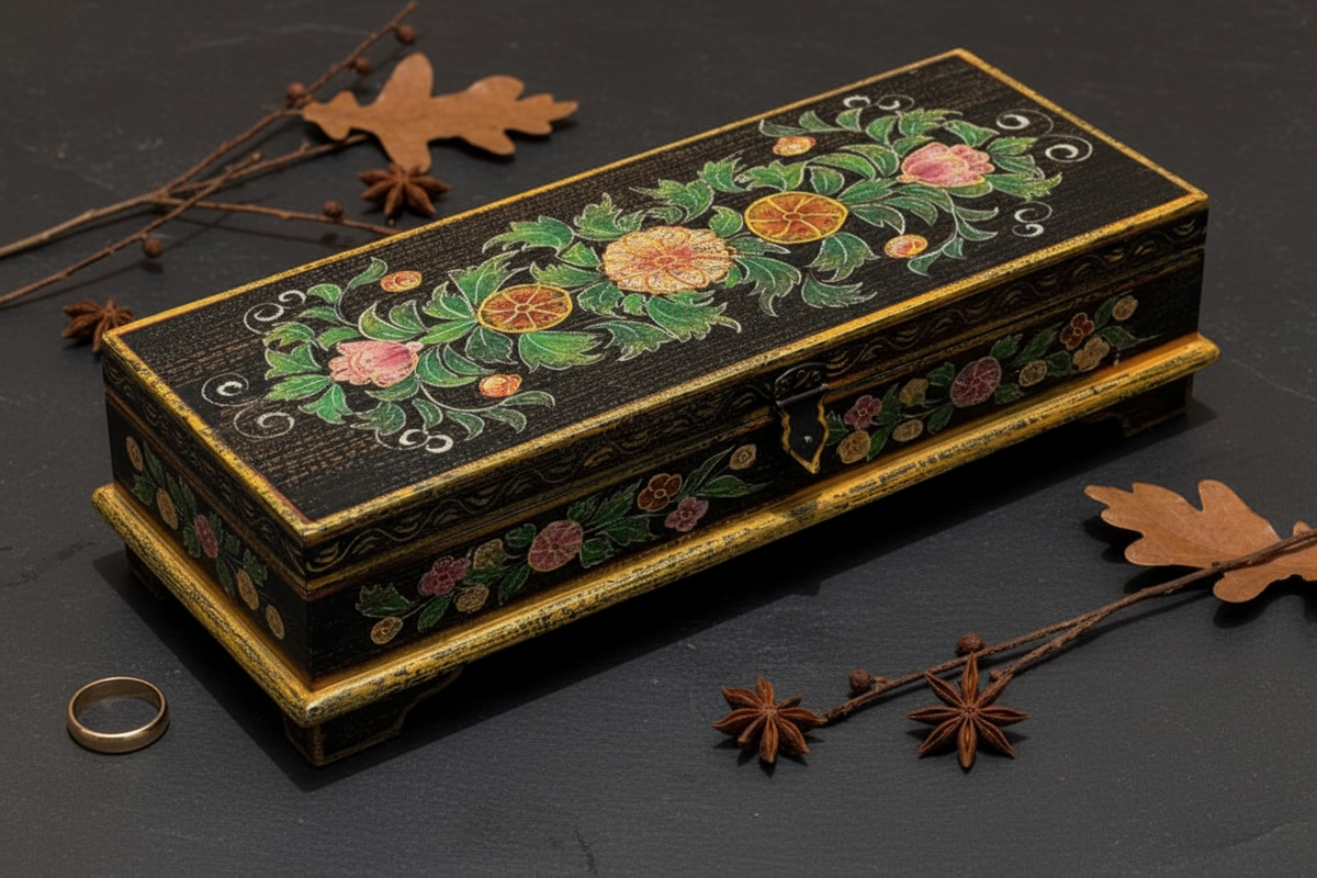 Black and gold medallion floral keepsake box on dark slate with dried botanicals and gold ring by candlelight