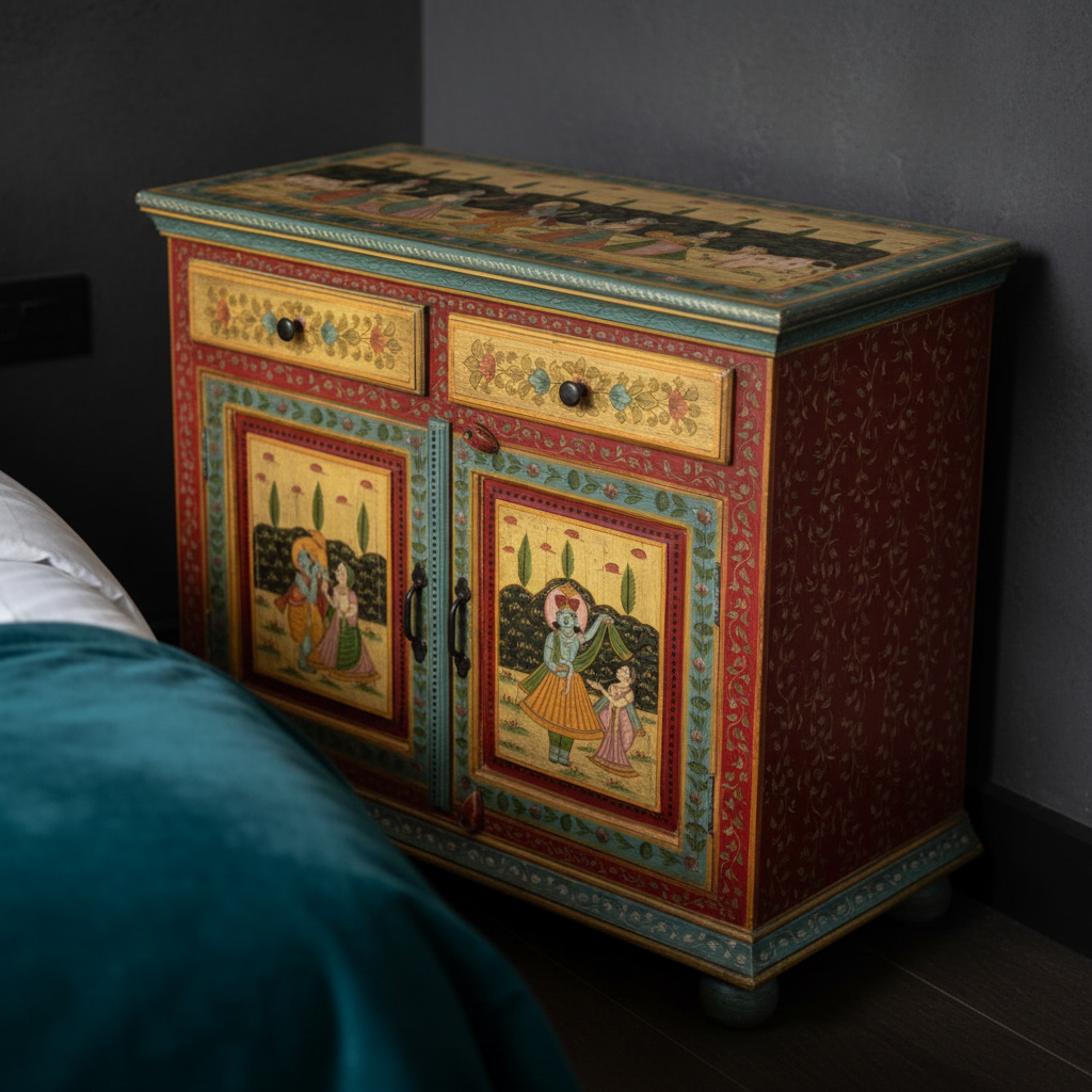 Mughal miniature cabinet – 45-degree angle in boutique hotel bedroom