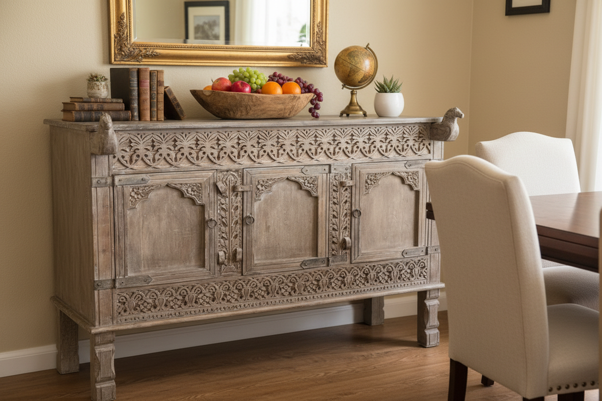 Whitewash three-door sideboard – hero in warm colonial-inspired dining room
