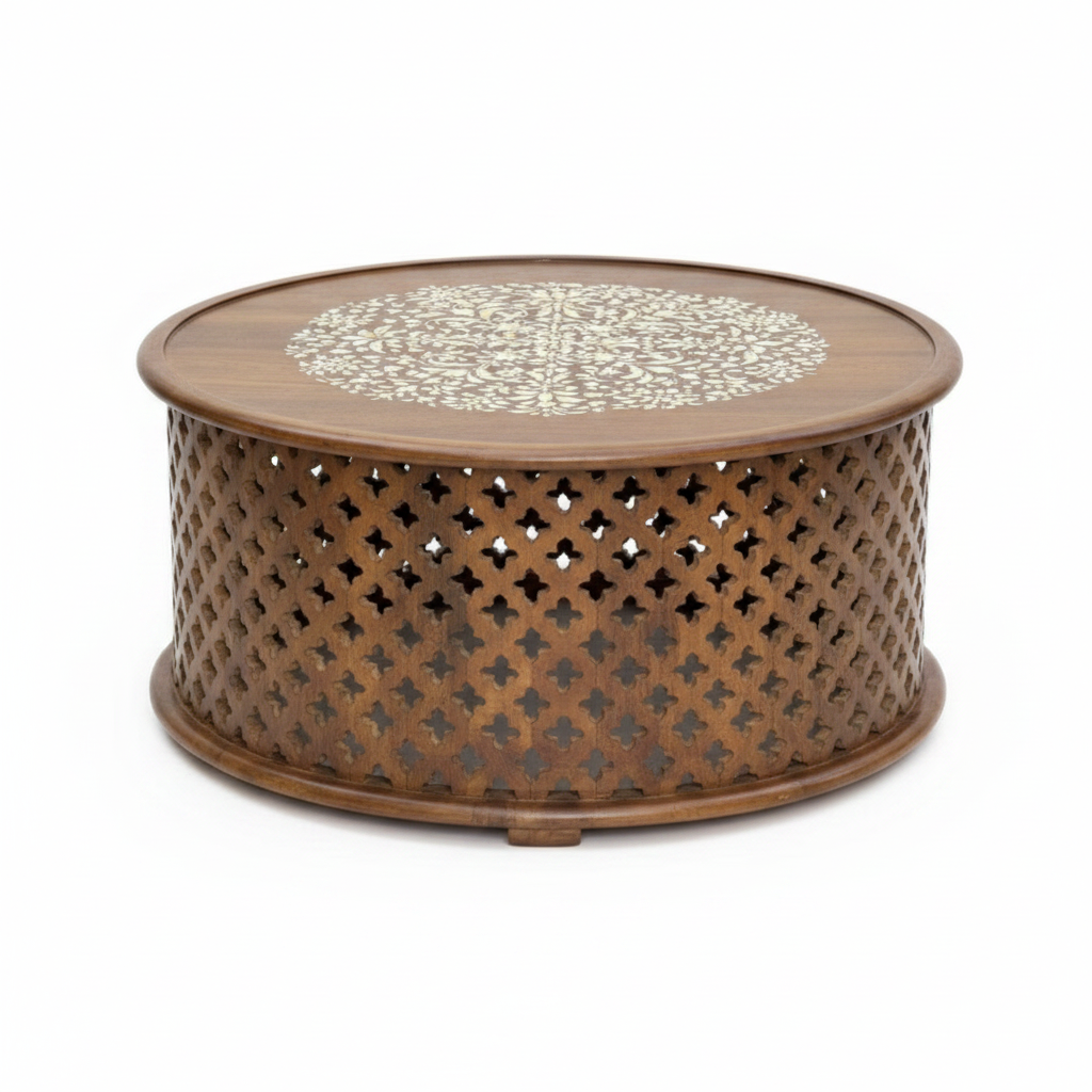Bone inlay drum coffee table – elevated three-quarter white background