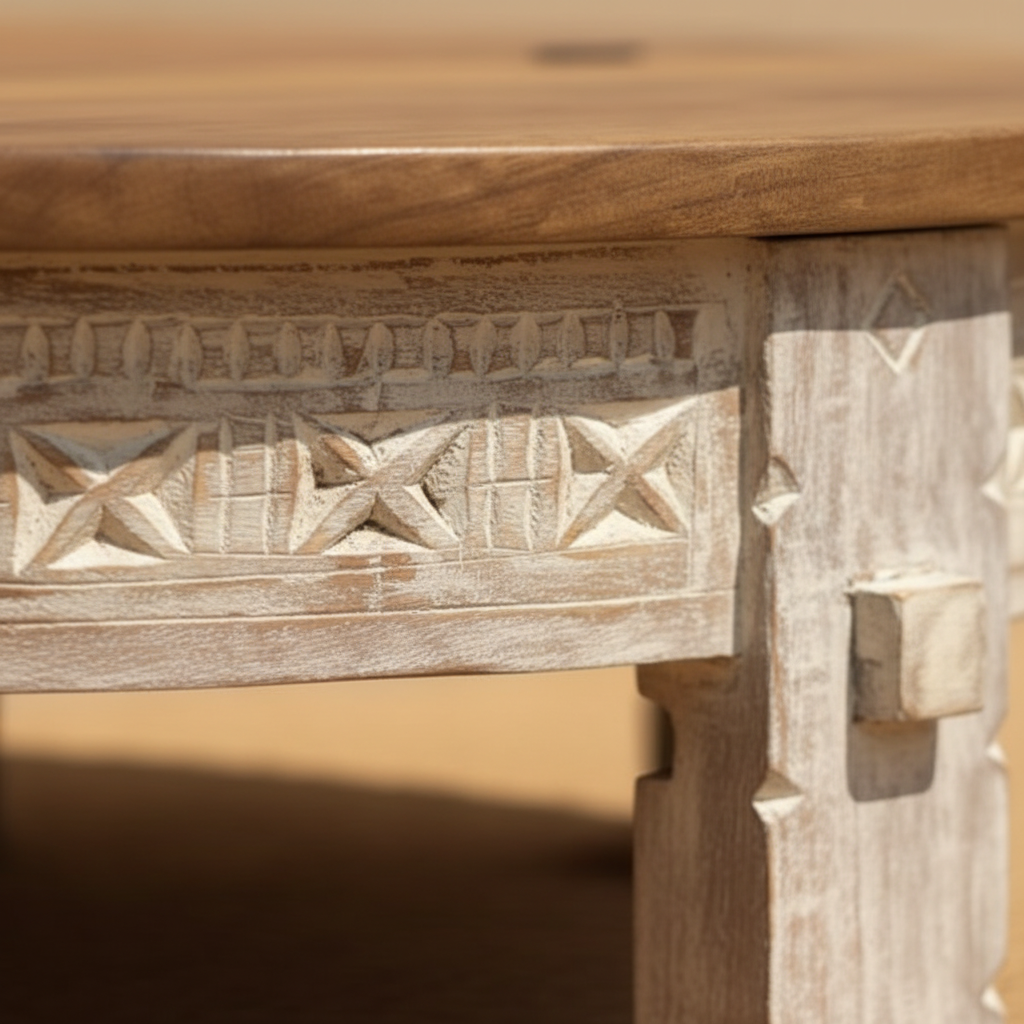 Close-up of whitewash carved geometric and floral relief frieze on chowki apron and bracket foot
