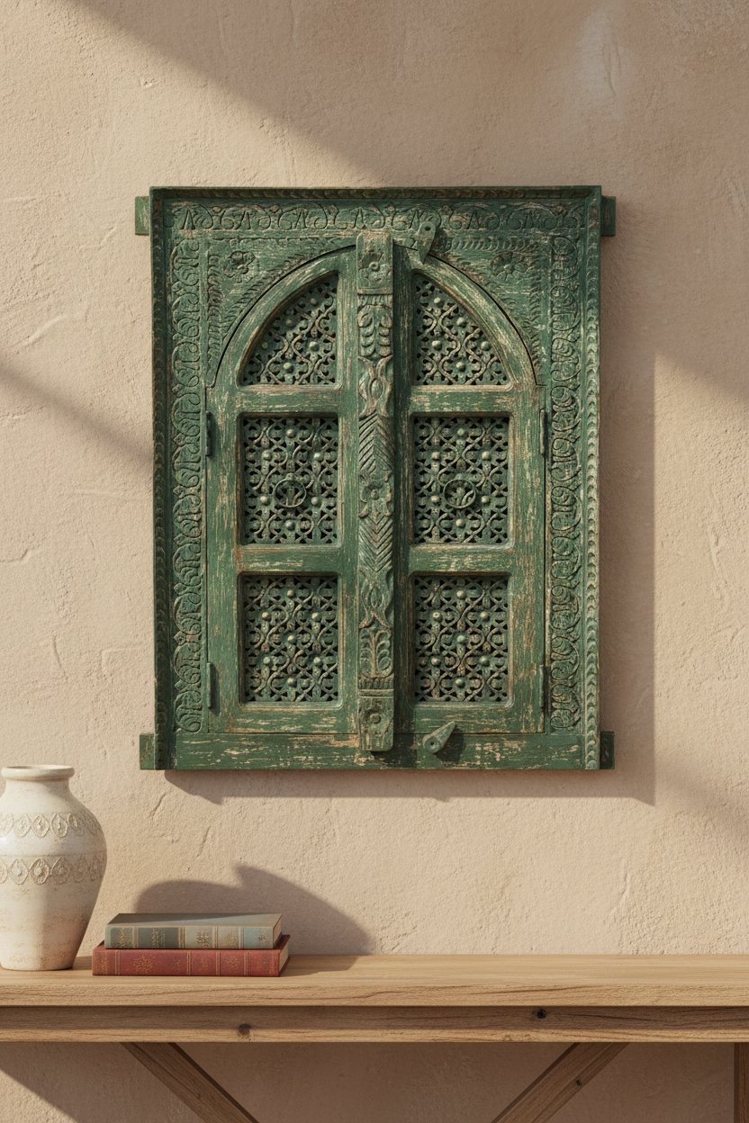 Antique sage green jali wall panel – hung above console table on neutral plaster wall