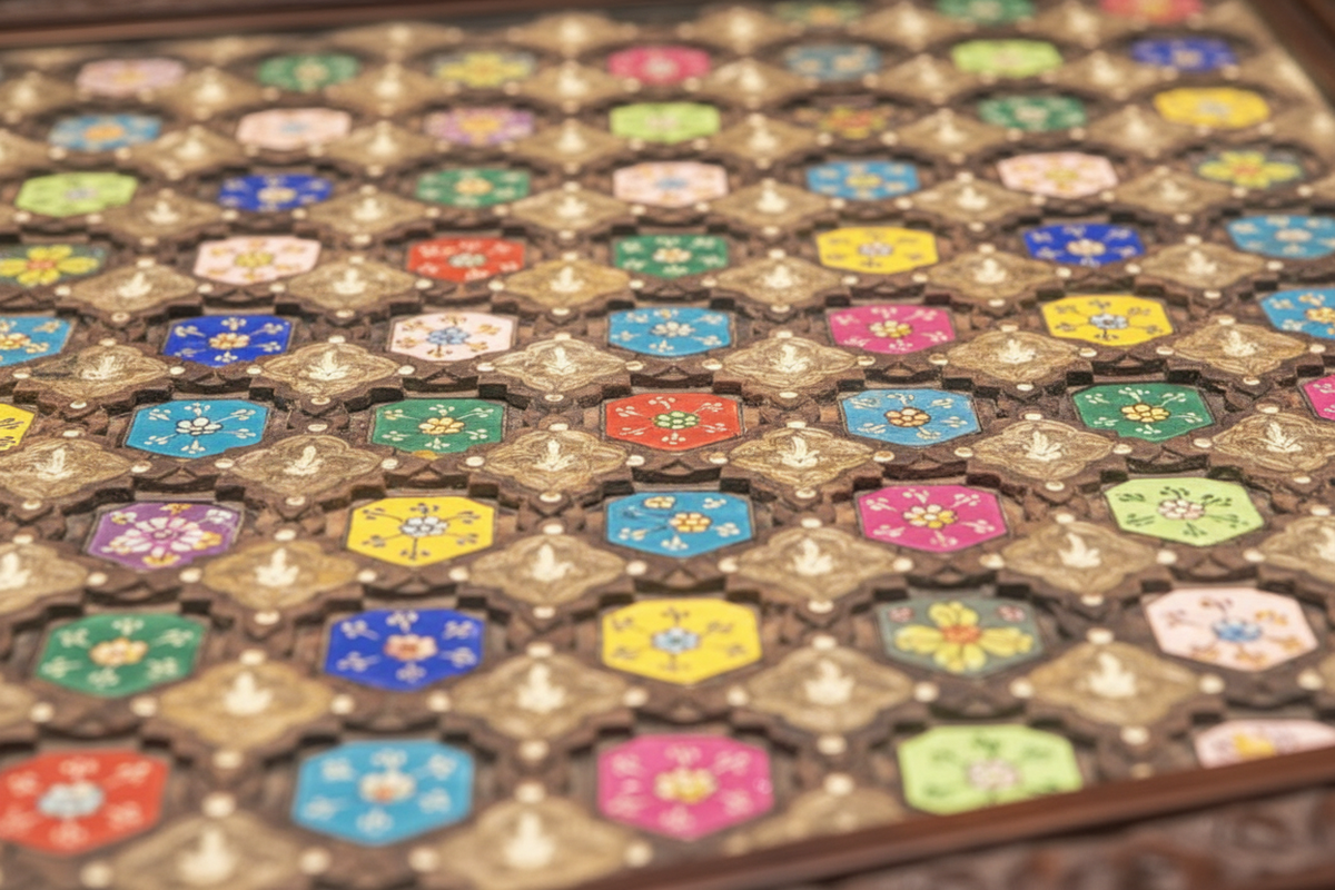 Close-up of hand-painted ceramic enamel roundels in dark iron lattice jali framework