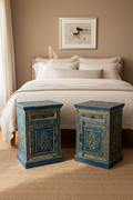 Pair of hand-painted Rajasthani cobalt blue bedside tables – front hero in elegant bedroom