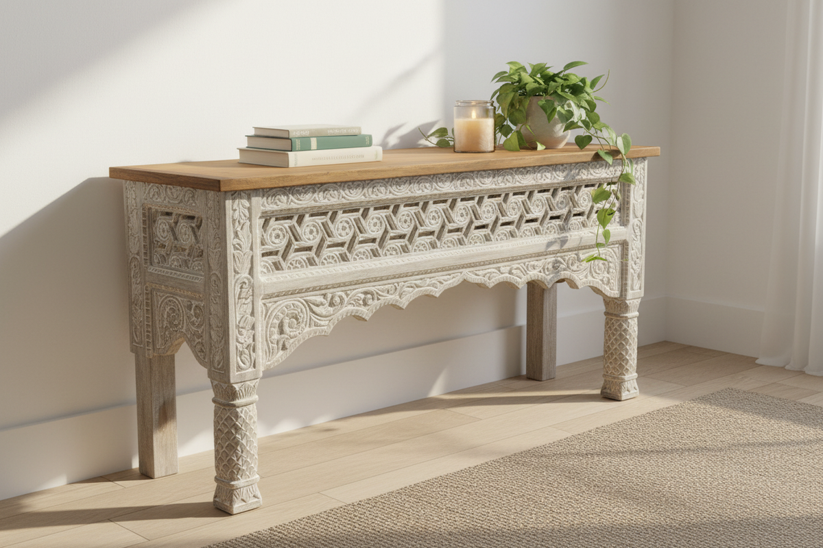 Hand-carved whitewash fretwork console table – right angle styled in bright living room