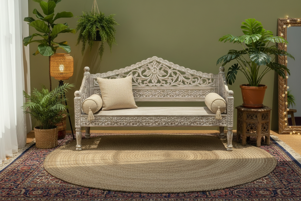 Whitewashed Hand-Carved Daybed Sofa in boho living room