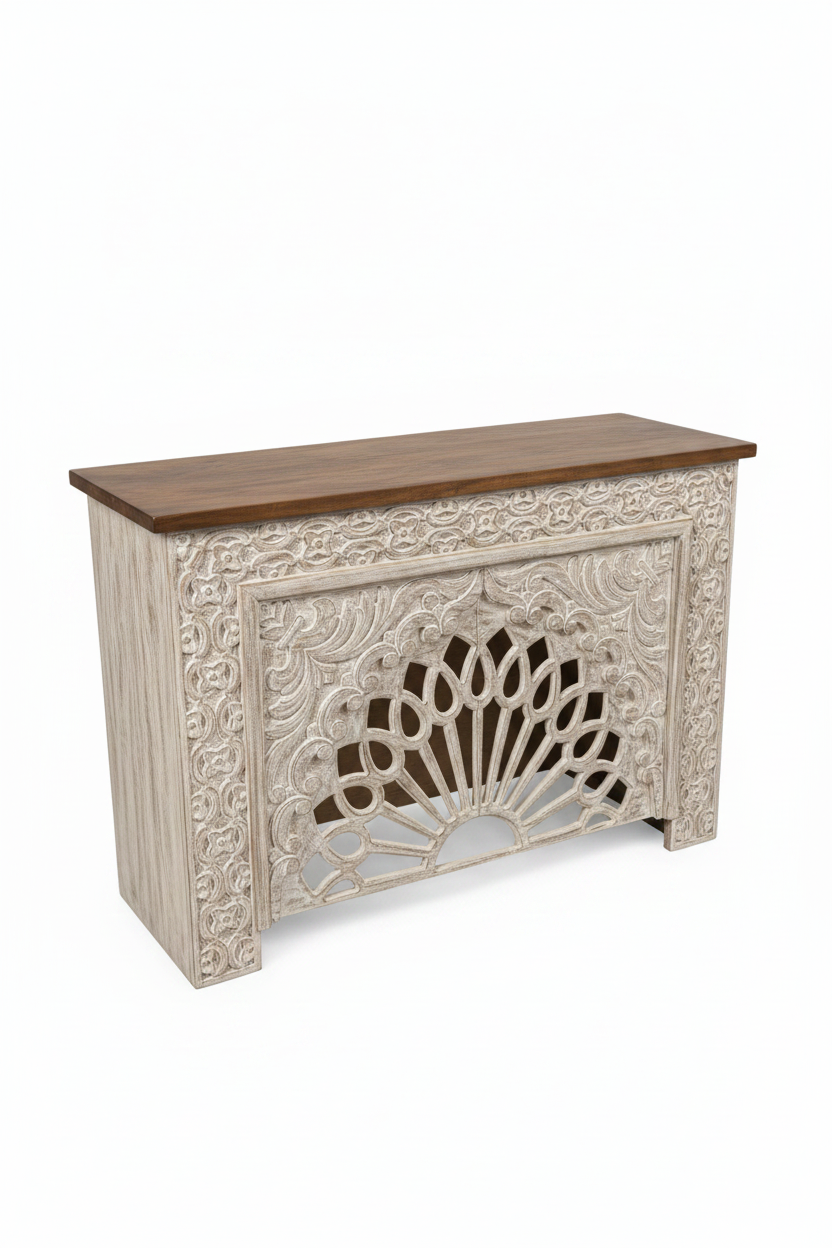 Hand-carved whitewash sunburst cabinet – elevated three-quarter white background