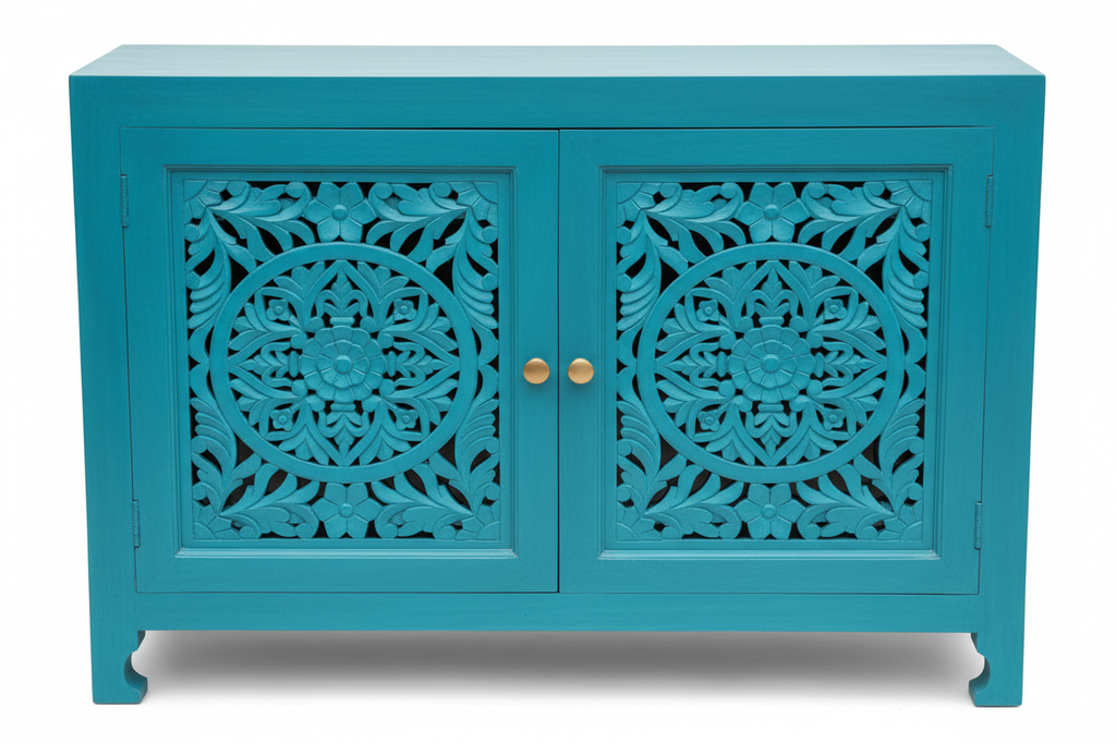 Hand-carved turquoise mandala sideboard – front view white background